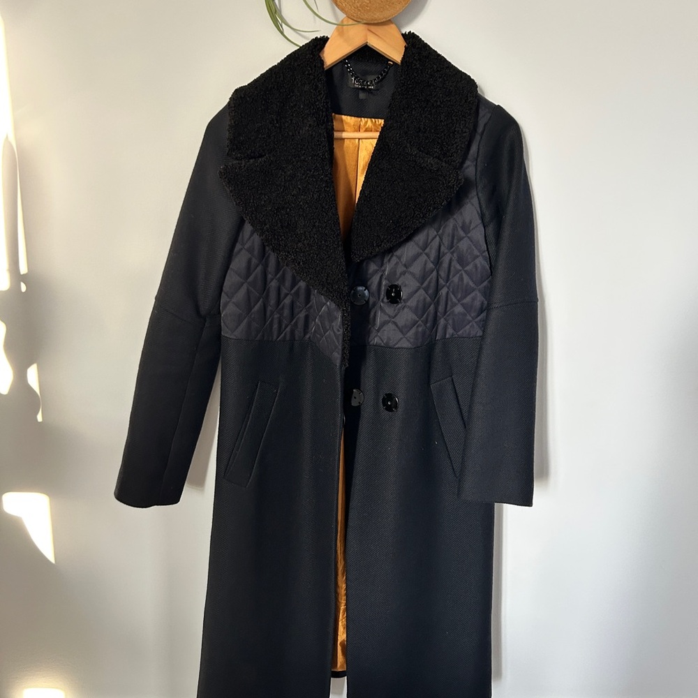 TopShop Navy Blue Quilted Coat with Black Faux Fur Collar